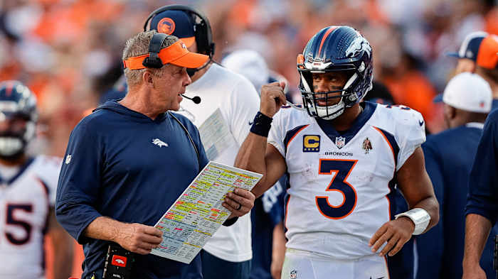Broncos coach Sean Payton and quarterback Russell Wilson